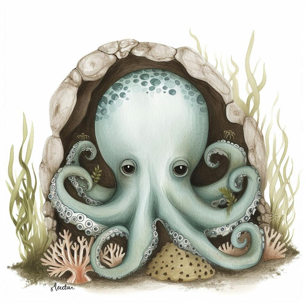 Storybook Style Octopus Relaxing In An Underwater Cave 2