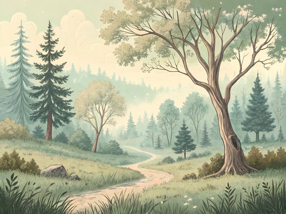 Retro Vintage Style A Hand Drawn Forest Clearing W
