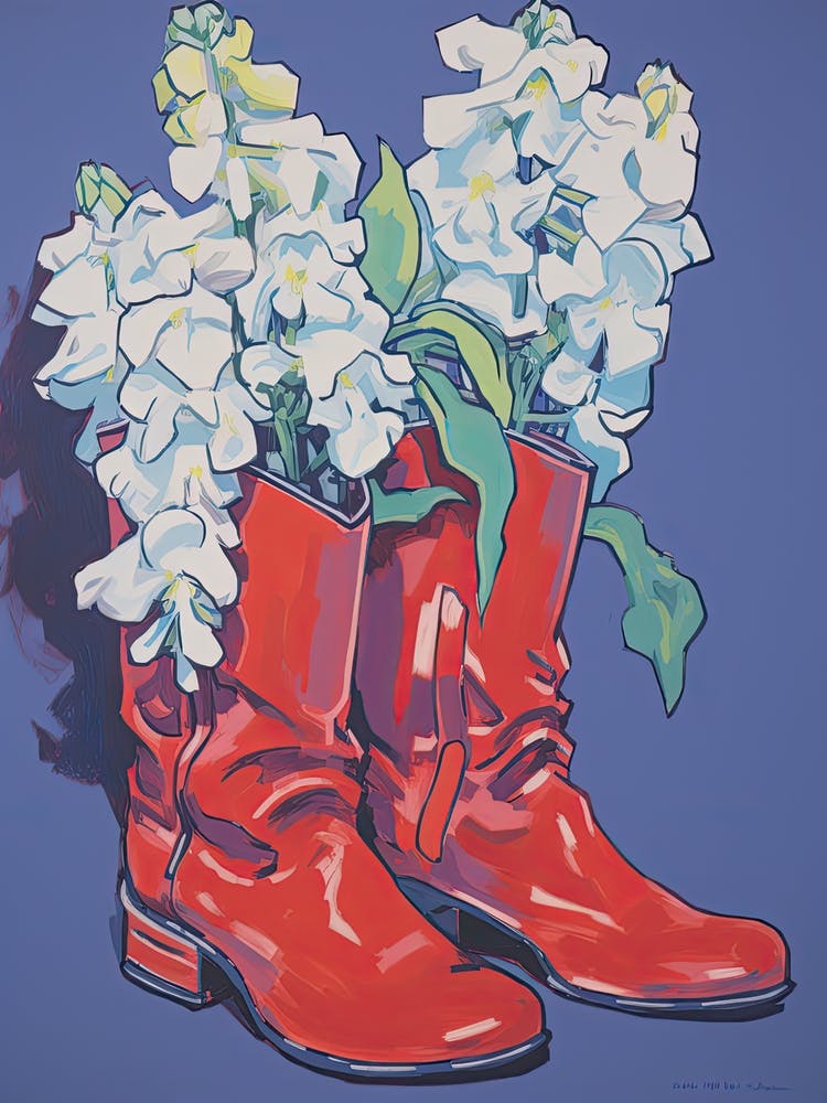 A Painting Of Cowboy Boots With Snapdragon Flowers, Fauvist Style, Still Life 5