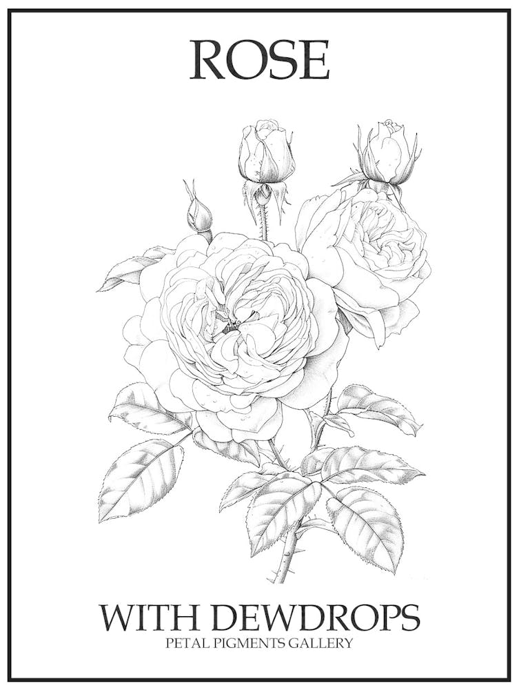 Rose mit Tautropfen Strichzeichnung 3 Poster