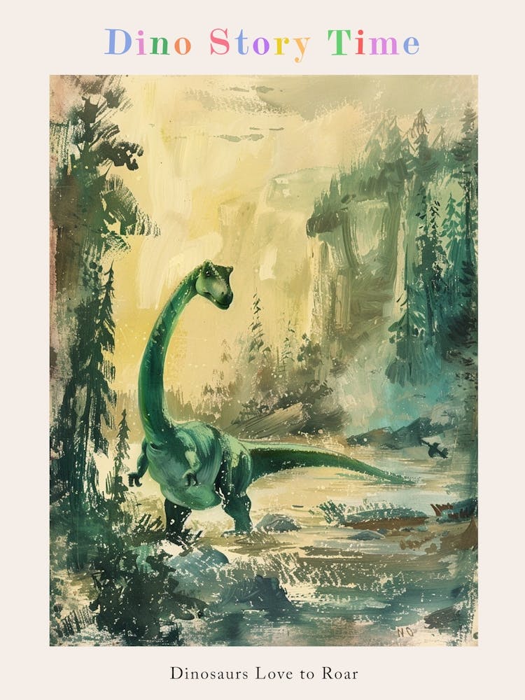 Dinosaur Storybook Pastel Watercolour Painting 1 Poster