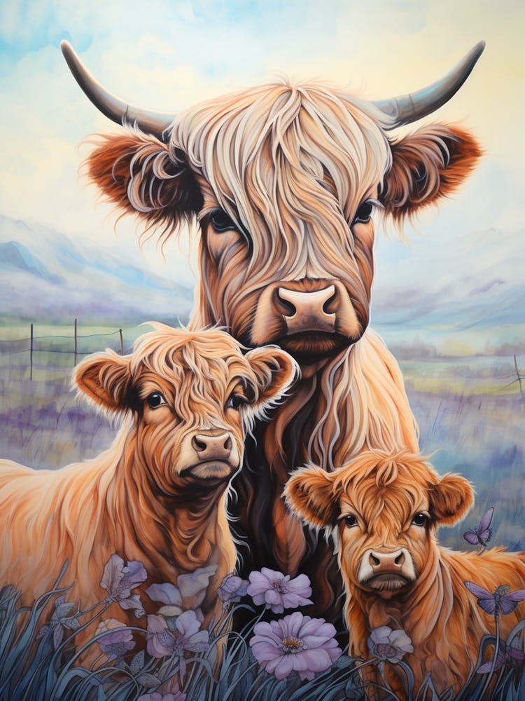 Illustration au Trait Simple de Vache Highland et Veaux 1