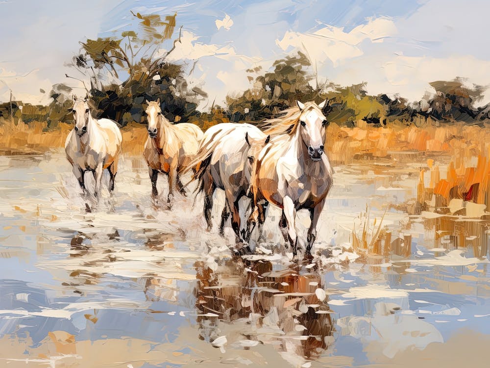 Horses Painting In Okavango Delta, Botswana, Landscape 3