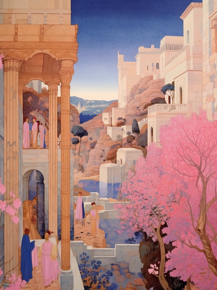 Rhodes Greece 4 Vintage Pink Travel Illustration