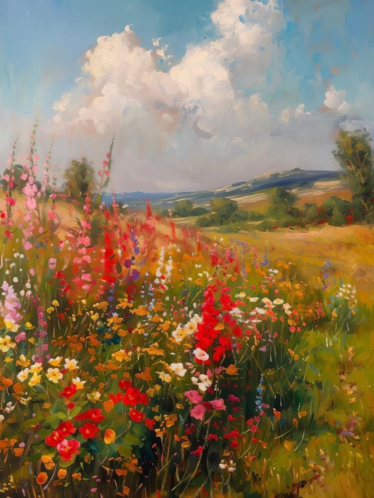 Wildflower Field Landscape Oil Painting, Vintage Landscape, Muted Spring Country Field Art Digital Download, Nature Printable Art