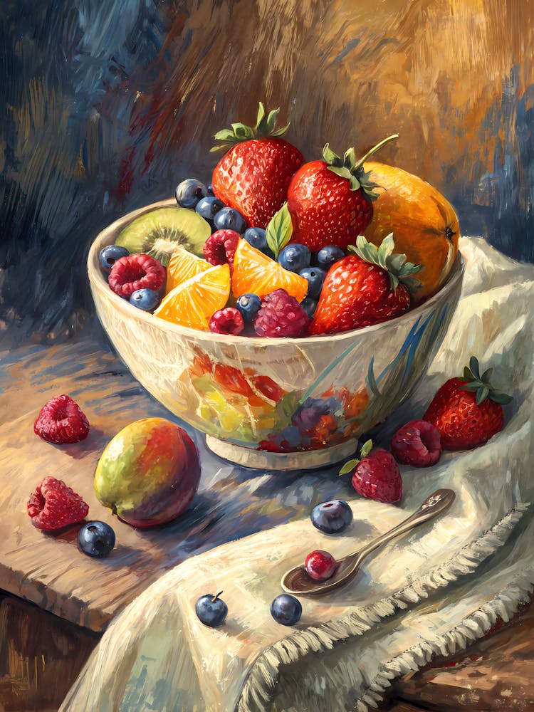 A Colorful Fruit Bowl on a Textured Surface Oil Painting Style