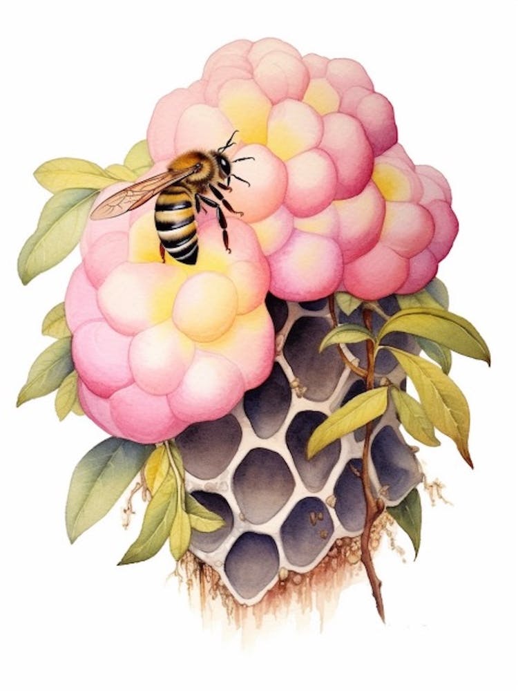 Beehive With Camellia Watercolour Illustration 4