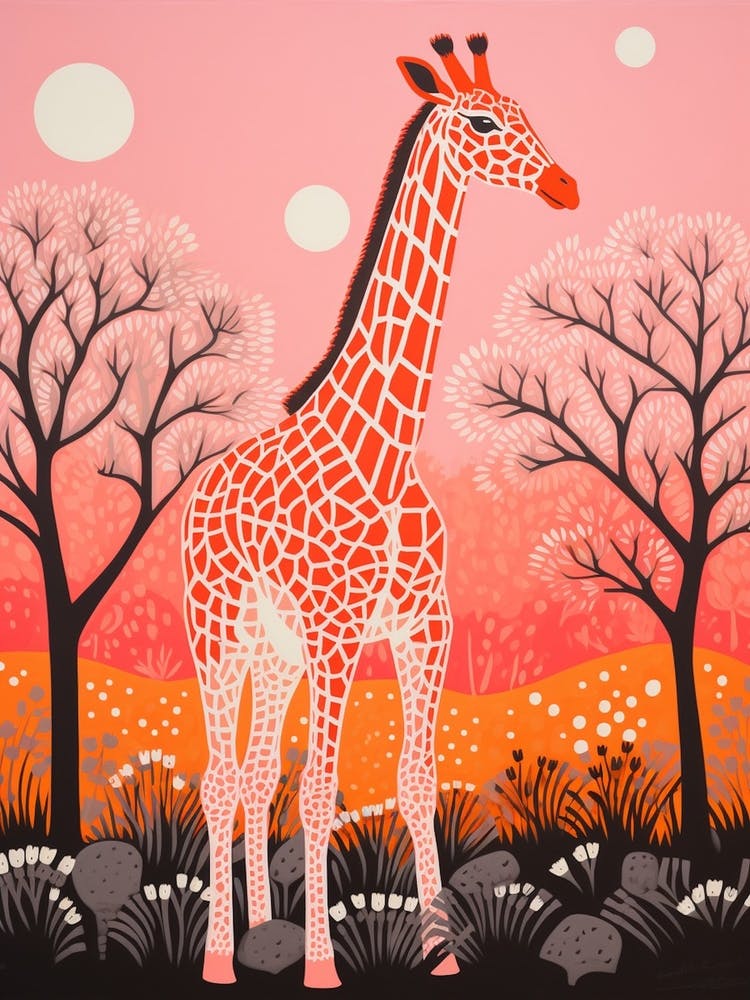 Giraffe With Trees In The Background Pink & Mustard 1