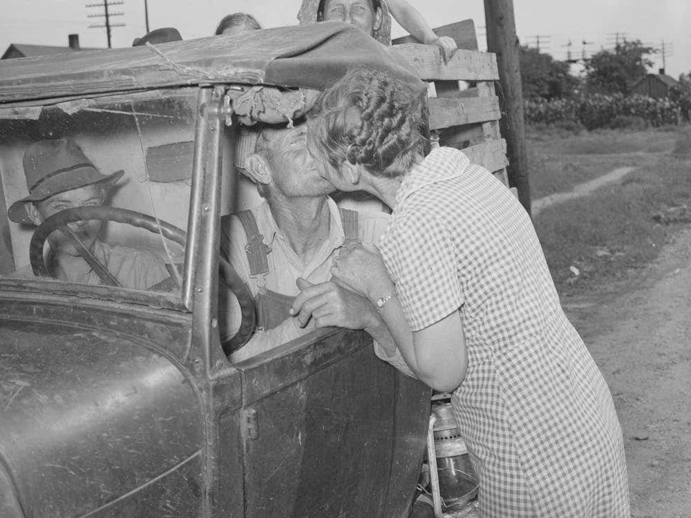 Kissing A Relative Goodbye, Muskogee, Oklahoma,Migrant Family Bound For California By Russell Lee