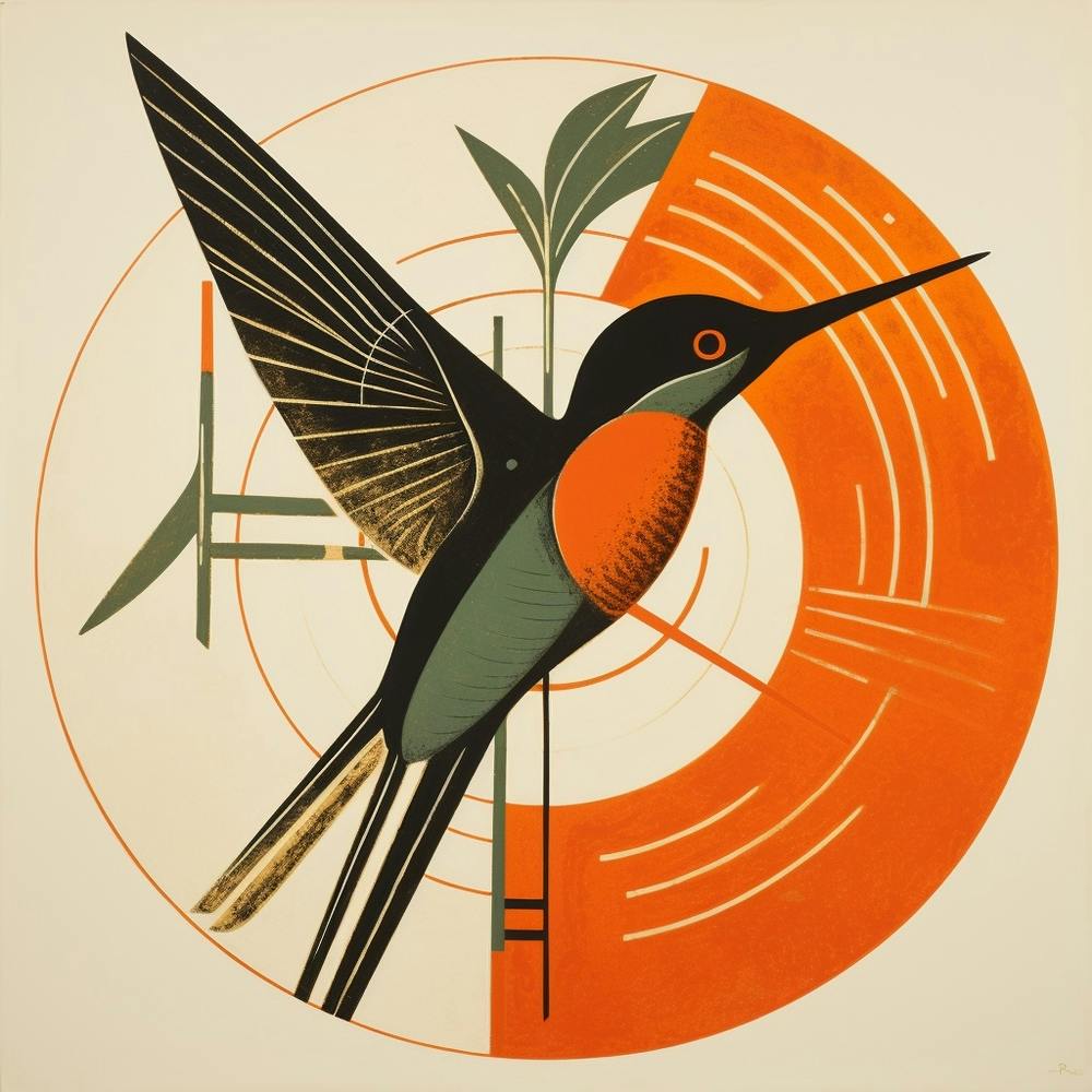 Retro Bird Lithograph Hummingbird 1