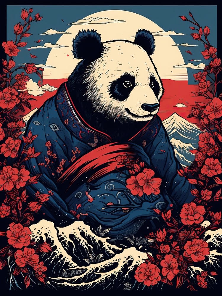 Panda Animal Drawing In The Style Of Ukiyo E 2