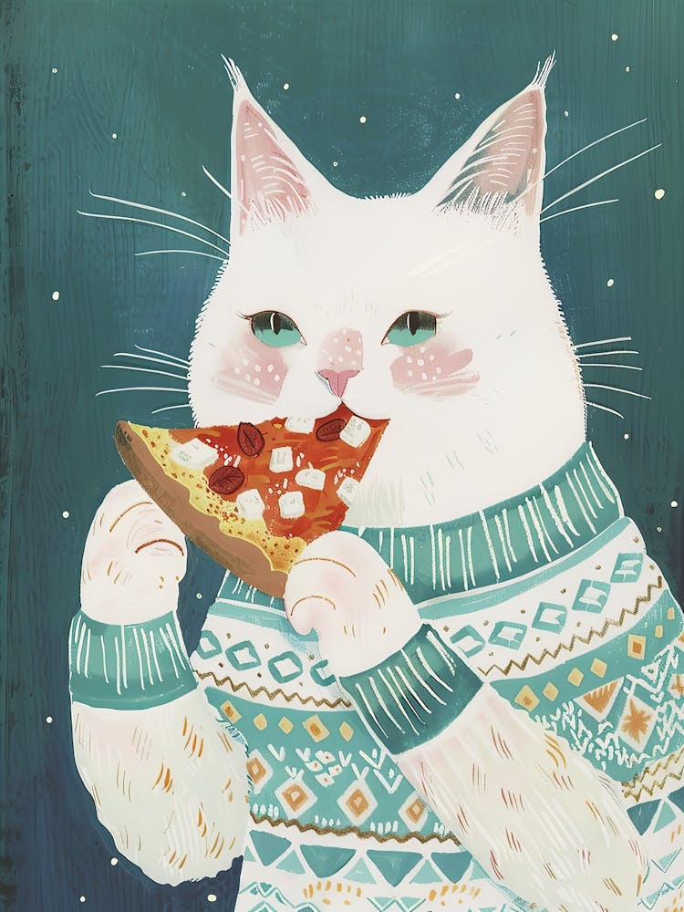 Cute White Cat Eating Pizza Folk Illustration 4