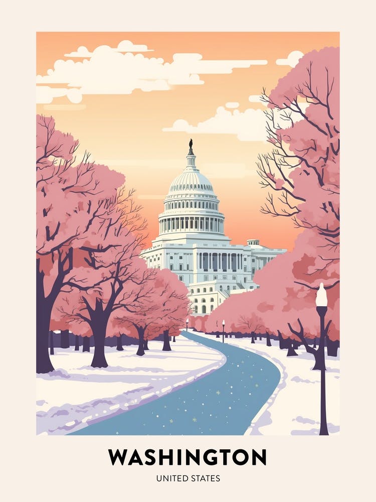 Vintage Winter Travel Poster Washington Dc Usa 1