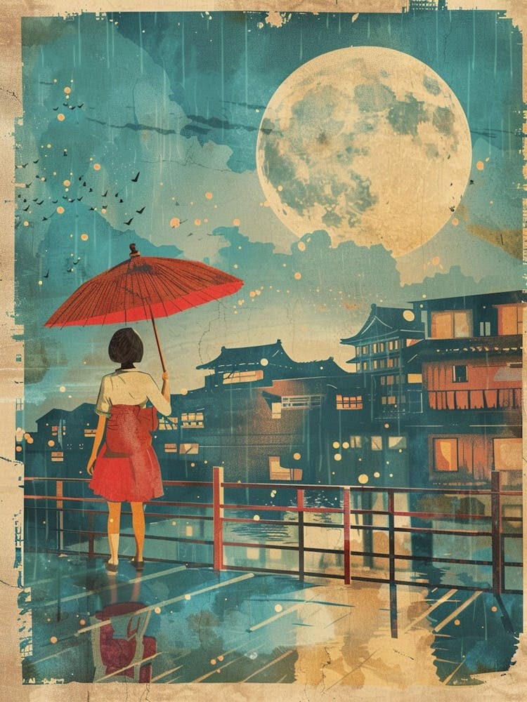 Osaka Girl In The Rain Mid Century Modern