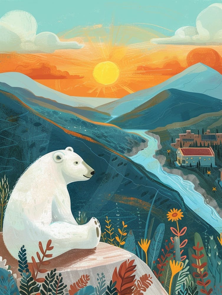 Ours Polaire Regardant Un Coucher de Soleil Depuis Un Sommet de Montagne Illustration de Conte 3