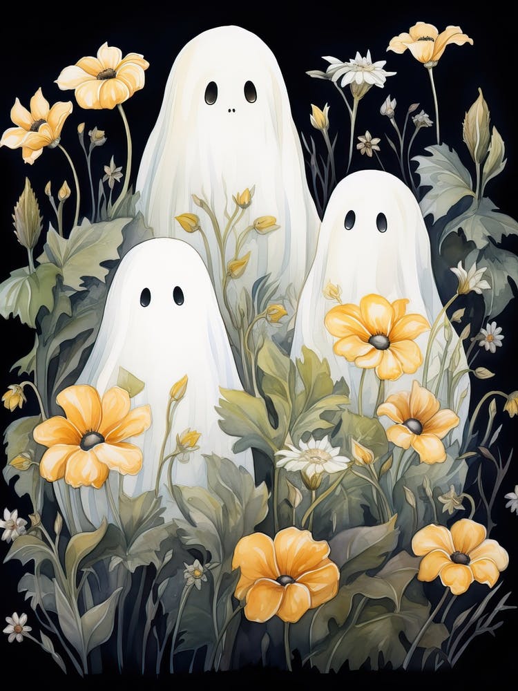 Cute Bedsheet Ghost, Botanical Halloween Watercolour 26