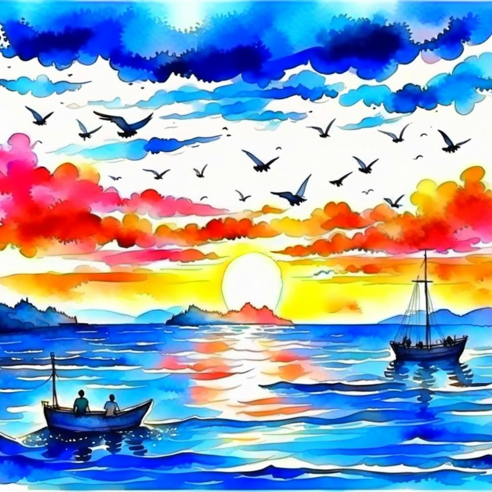 Watercolor Landscape View For Ocean At The Sunset And Birds Are Flying In A Blue Sky And A Small Boat