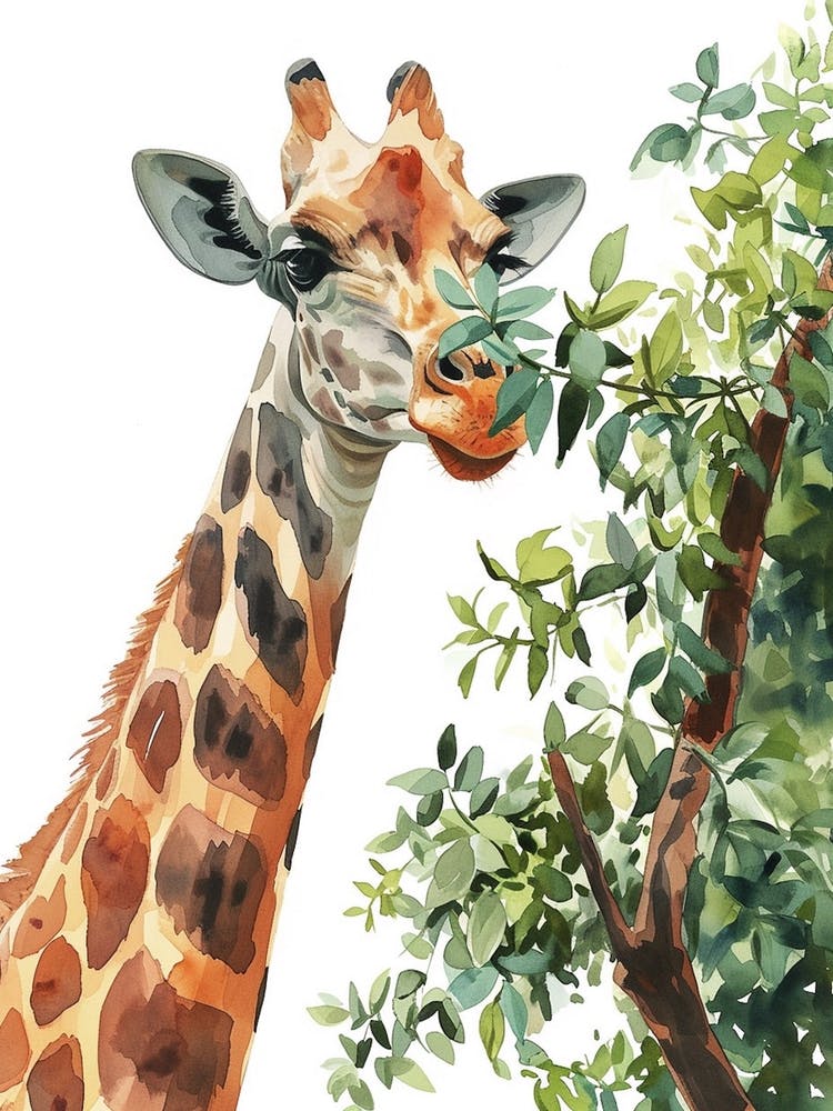 Giraffe Eating Leaves Watercolour 1