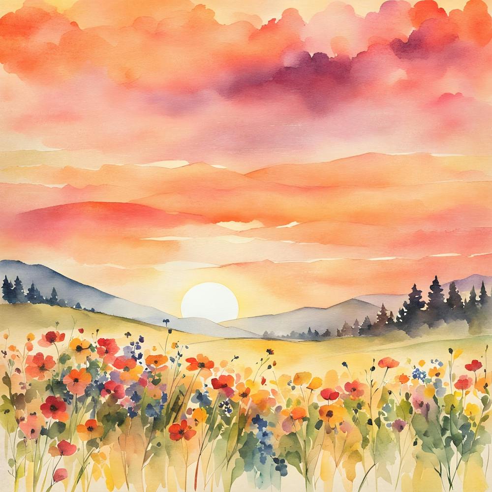 Wildflowers Sunset, Square Retro Art, Flower Fields 1