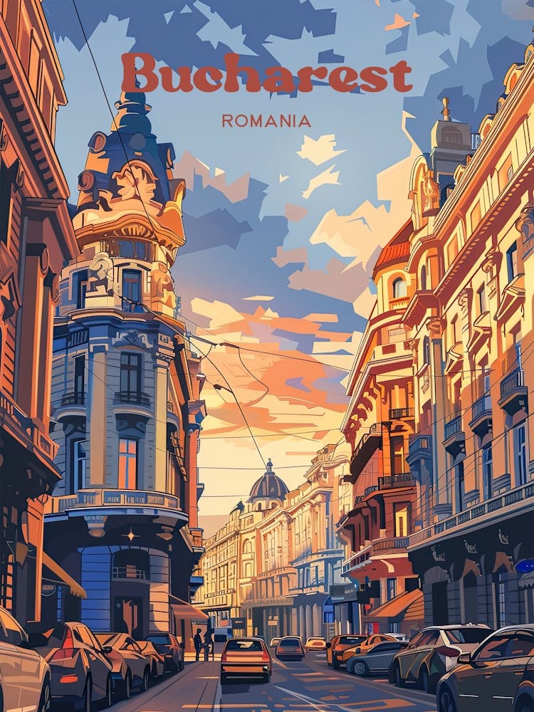 Bucharest Romania Sunset Travel Art Illustration