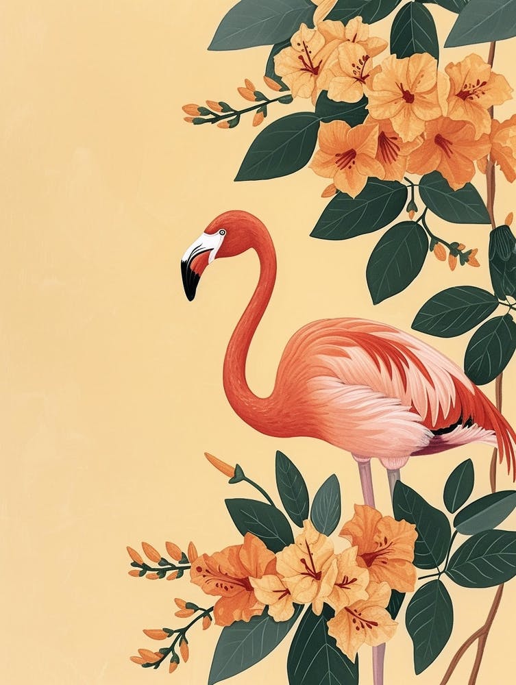 Andean Flamingo And Bougainvillea Minimalist Illustration 2
