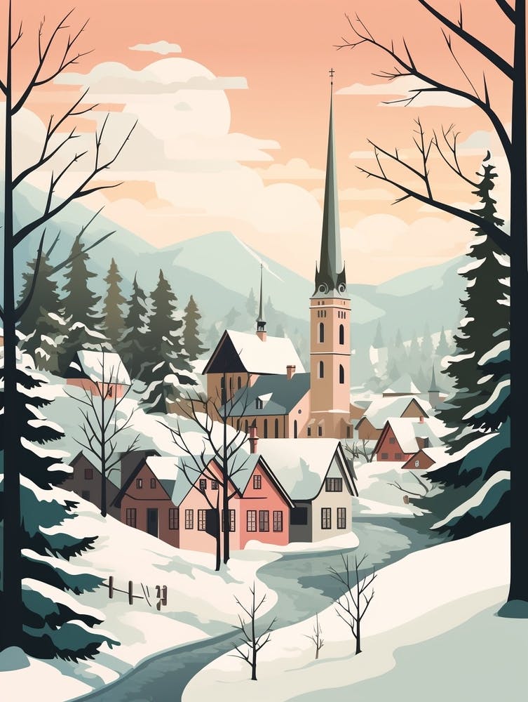 Vintage Winter Travel Illustration Bavaria Germany 2