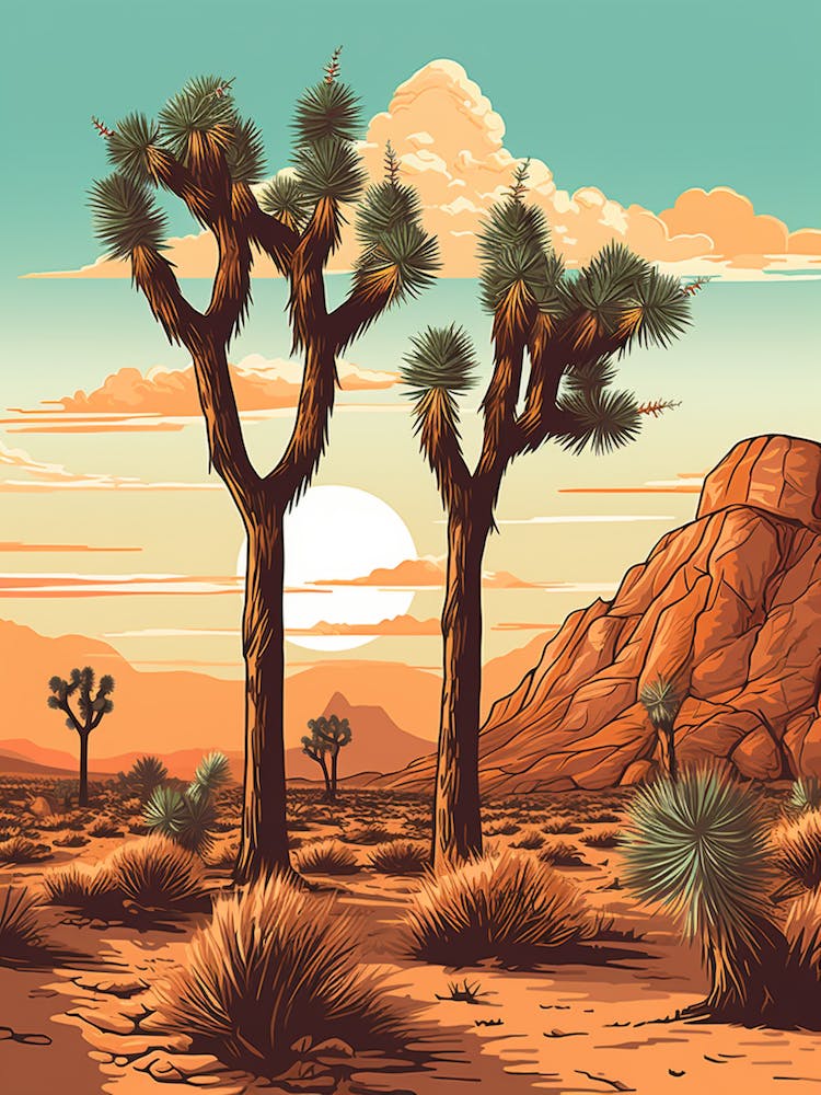 Retro Illustration von Joshua-Bäumen im Morgengrauen in der Wüste 6