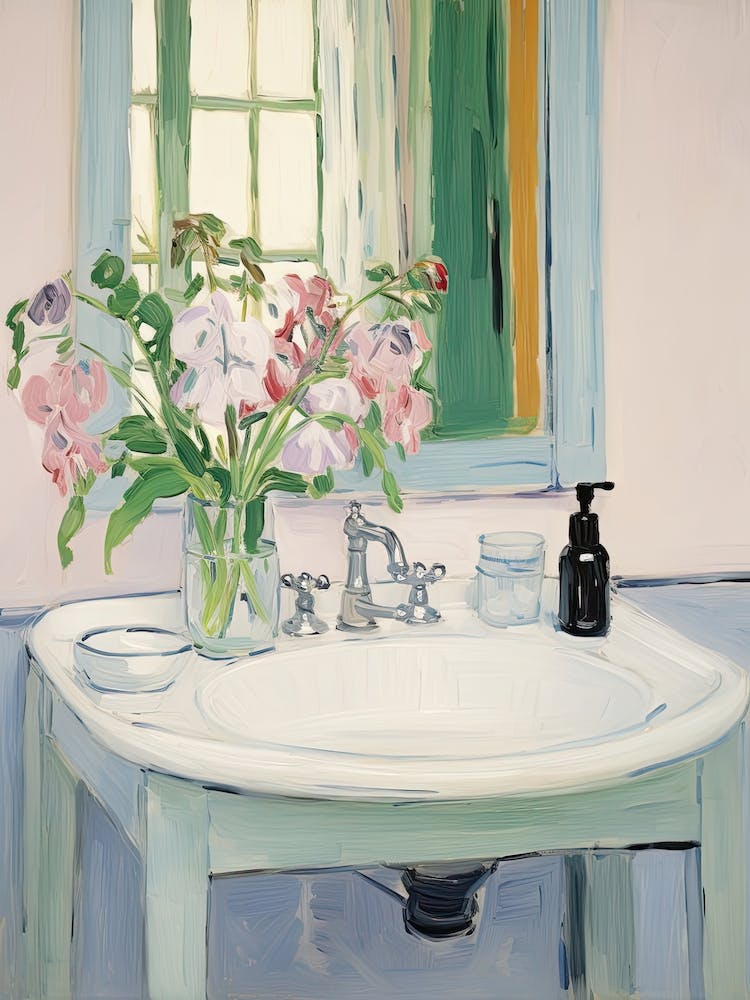 Bathroom Vanity Painting With A Sweet Pea Bouquet 1