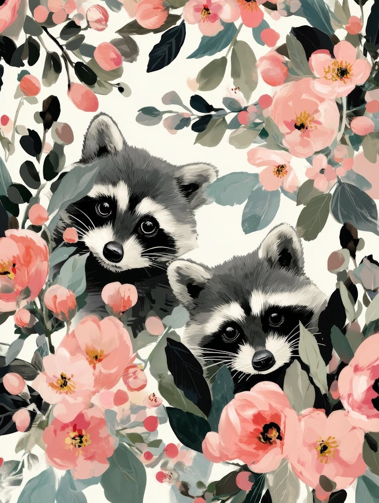 Raccoons And Flowers 1