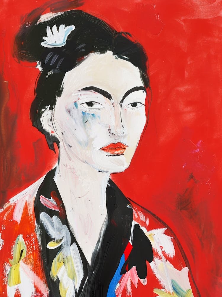 Japanese Woman In Red Kimono. Acrylic Portrait