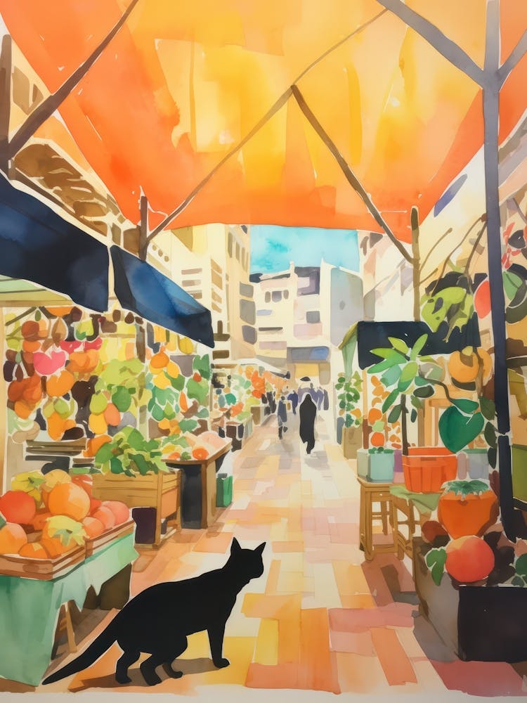 Food Market With Cats In Honolulu 4 Watercolour
