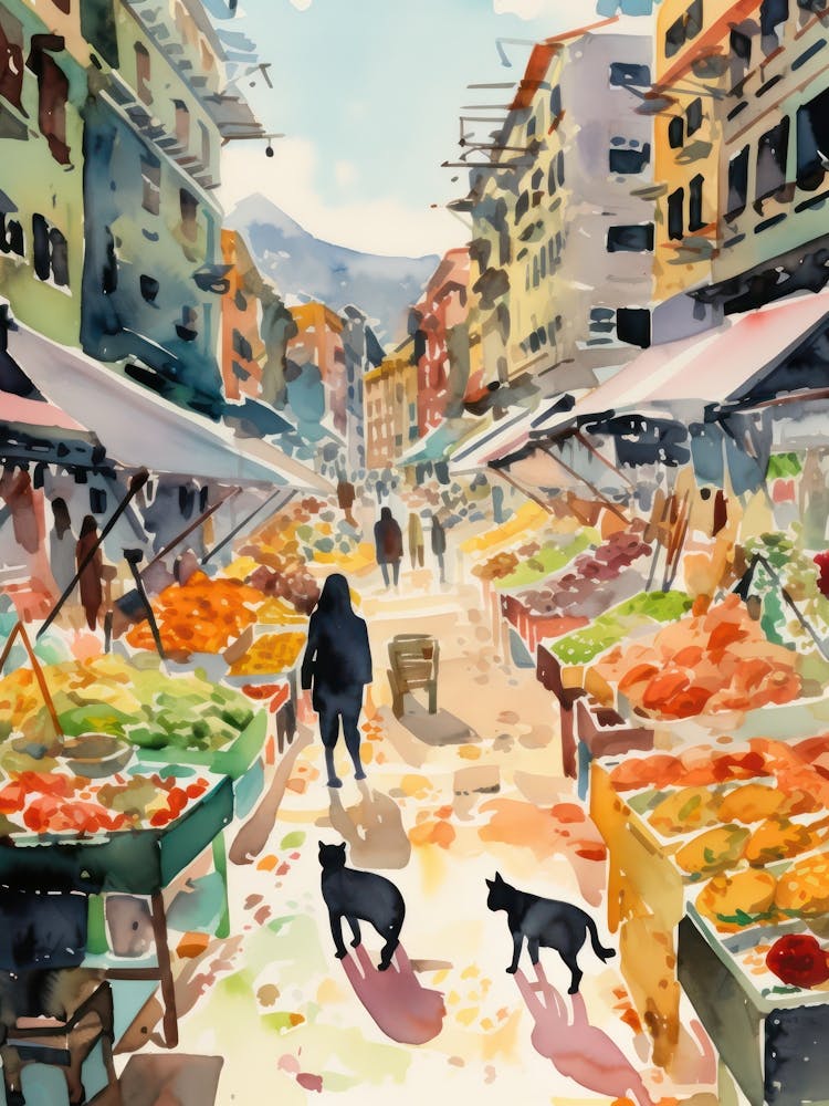Food Market With Cats In San Francisco 2 Aquarell