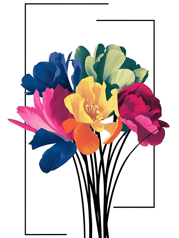 A Minimalist Sketch Of Vibrant Flowers, Multi Colored, Illustration