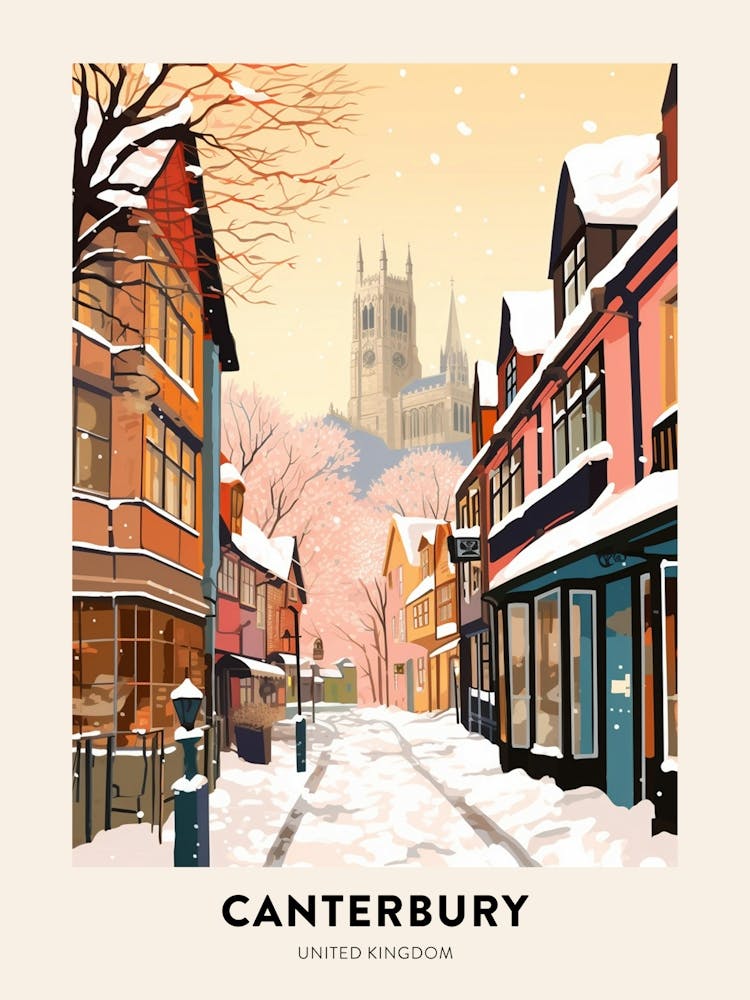 Vintage Winter Travel Poster Canterbury United Kingdom 3