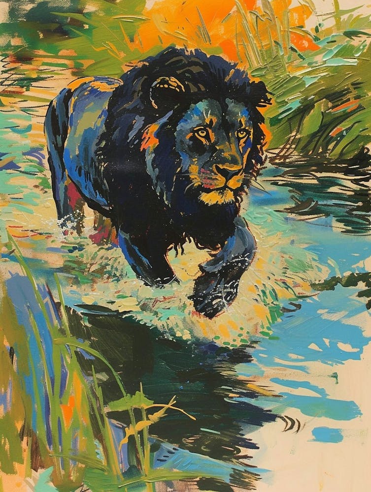 Black Lion Crossing A River Fauvist Painting 2