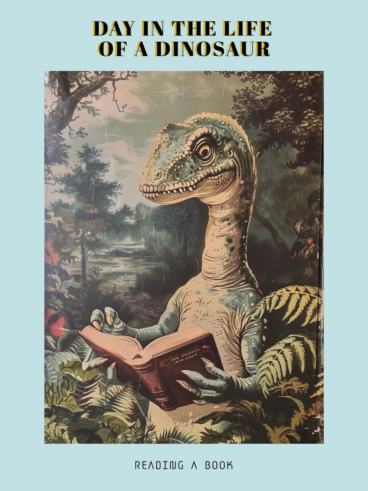 Dinosaur Reading A Book Retro Illustration Poster