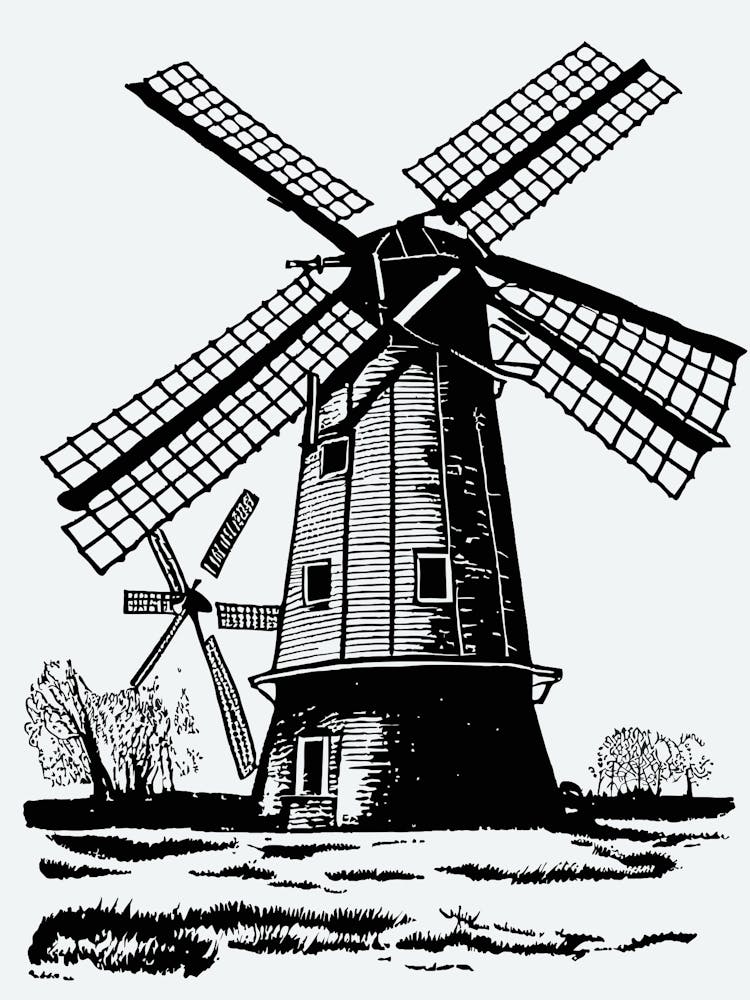Moulin À Vent Dessin Structure Vieux Vintage Pays-Bas Médiévale Gravure Sur Bois Eau-forte