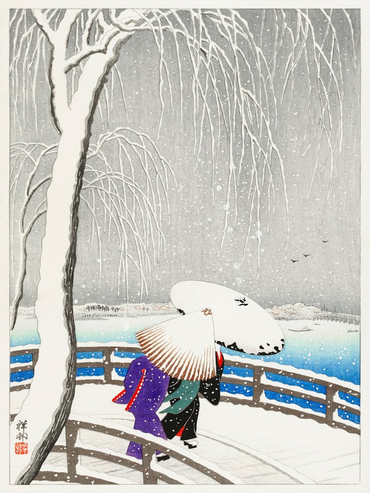 Two Women In The Snow On Yanagi Bridge (1927), Ohara Koson