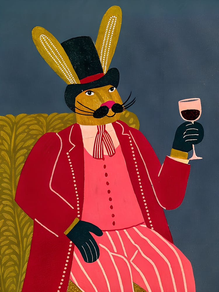 Hare Rabbit with Hat and Glass of Wine