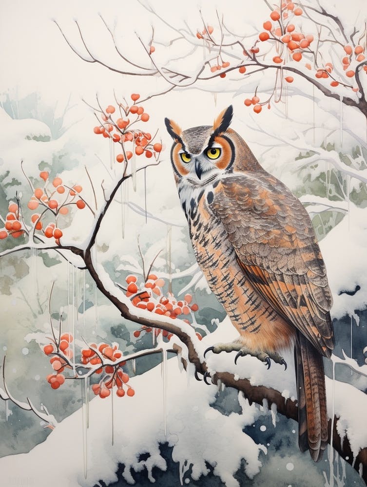 Winter Bird Painting Great Horned Owl 2