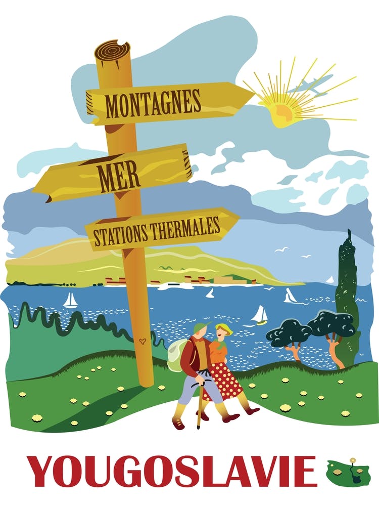 Yugoslavia, Hiking Couple Passing the Wooden Sign