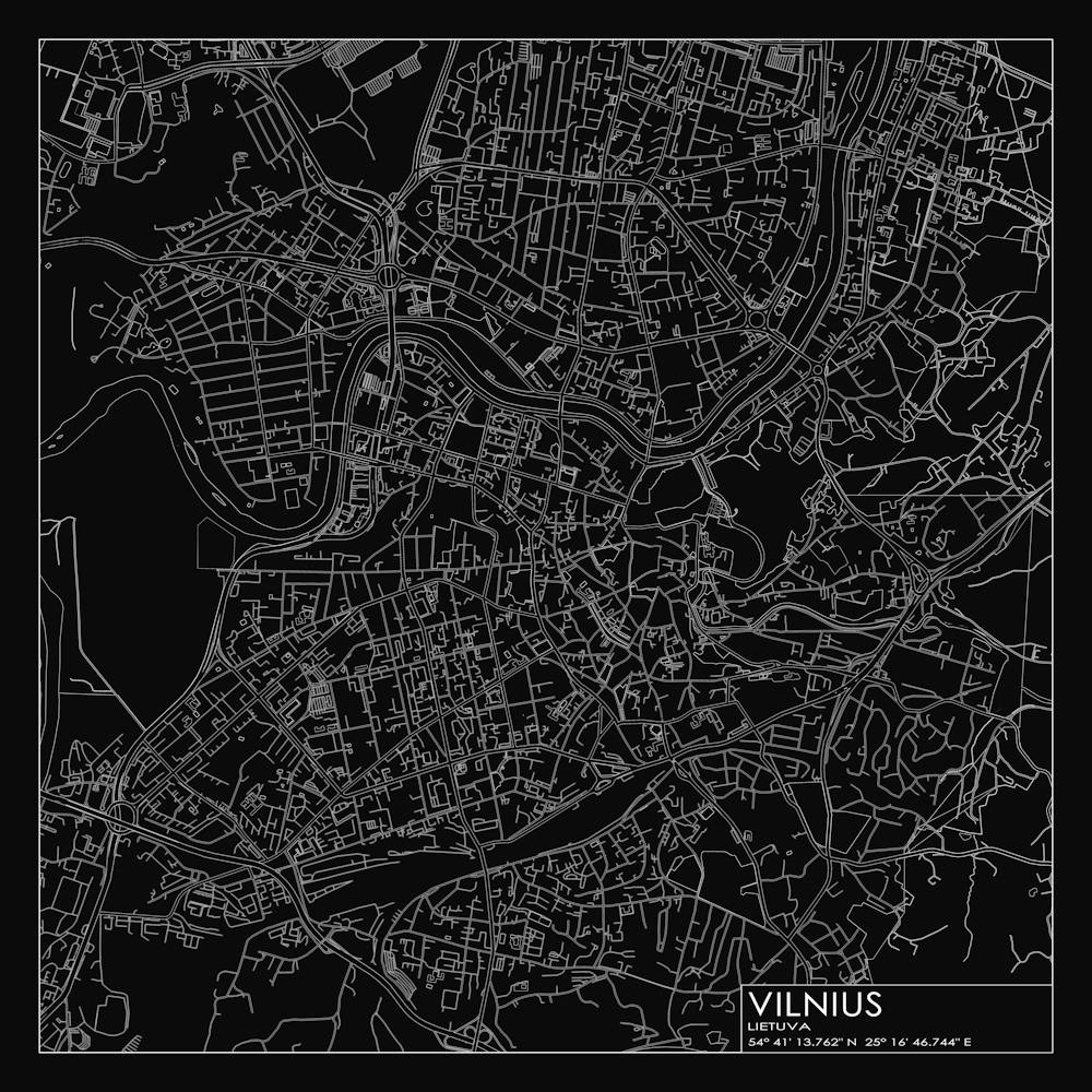 Vilnius, Lietuva, (Vilnius, Lithuania) City Map White On Black Blueprint Design