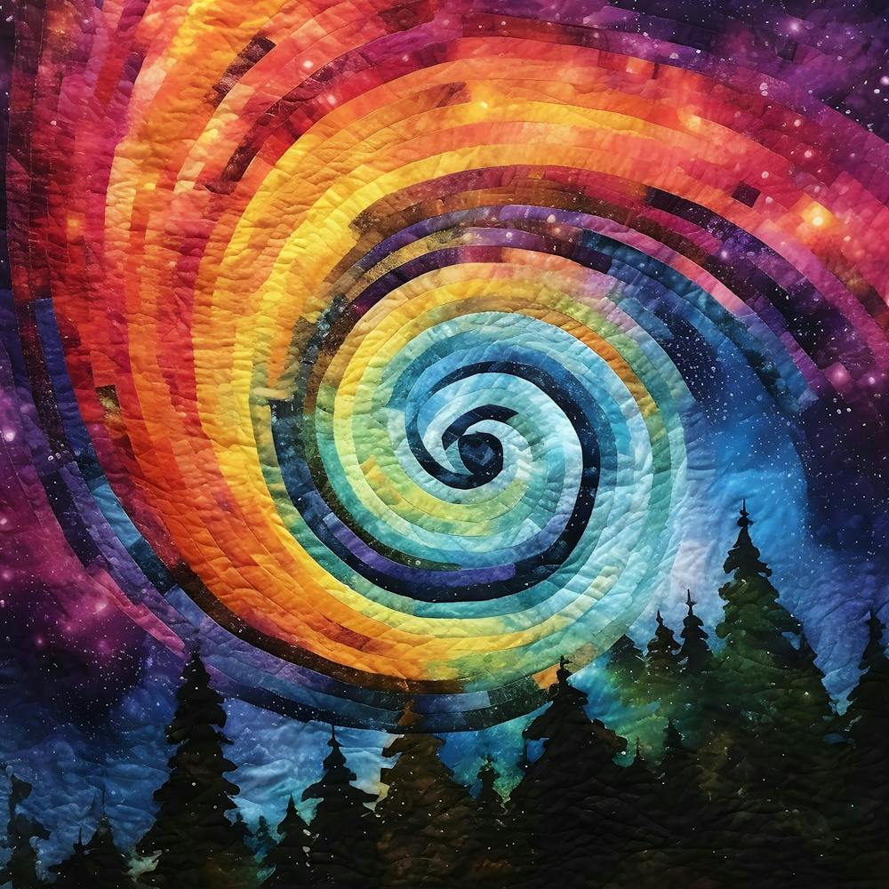 Cosmic Rainbow Quilt Artistic Swirl Spiral Forest Silhouette Fantasy