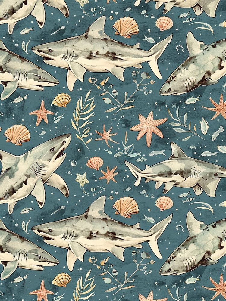 Pastel Blue Dogfish Shark Watercolour Seascape Pattern 1