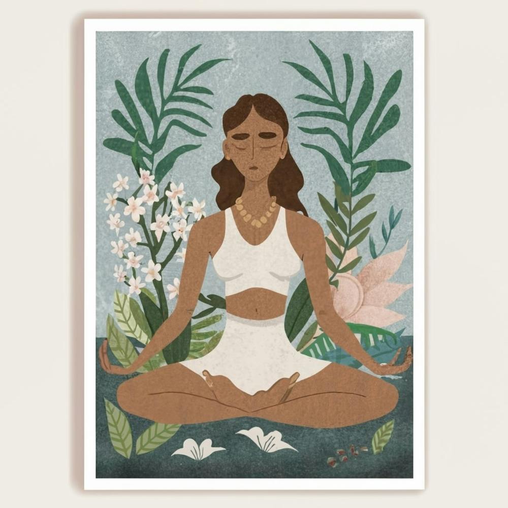 An art print featuring a captivating portrait of a yoga practitioner in a serene and meditative pose, surrounded by elements of nature. This tranquil and spiritually inspired art print is ideal for yoga enthusiasts and those seeking a sense of mindfulness and balance in their home decor.