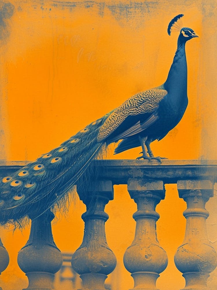 Orange & Blue Peacock On A Stone Balcony 2