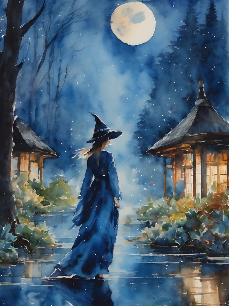 The Blue Witch ~ Blue Moon Fairytale Witchcraft Sacred Spirit Watercolor Painting China Yoga Meditating Spiritual Painting