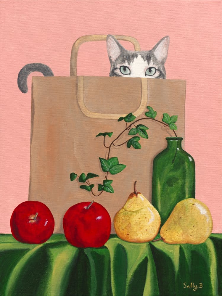 Cat In Paperbag With Apples And Pears