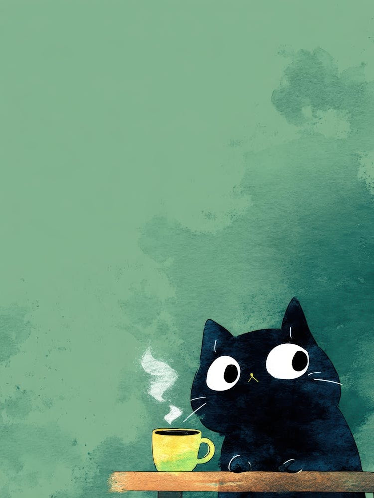 Black Cat With Cup Of Coffee 2