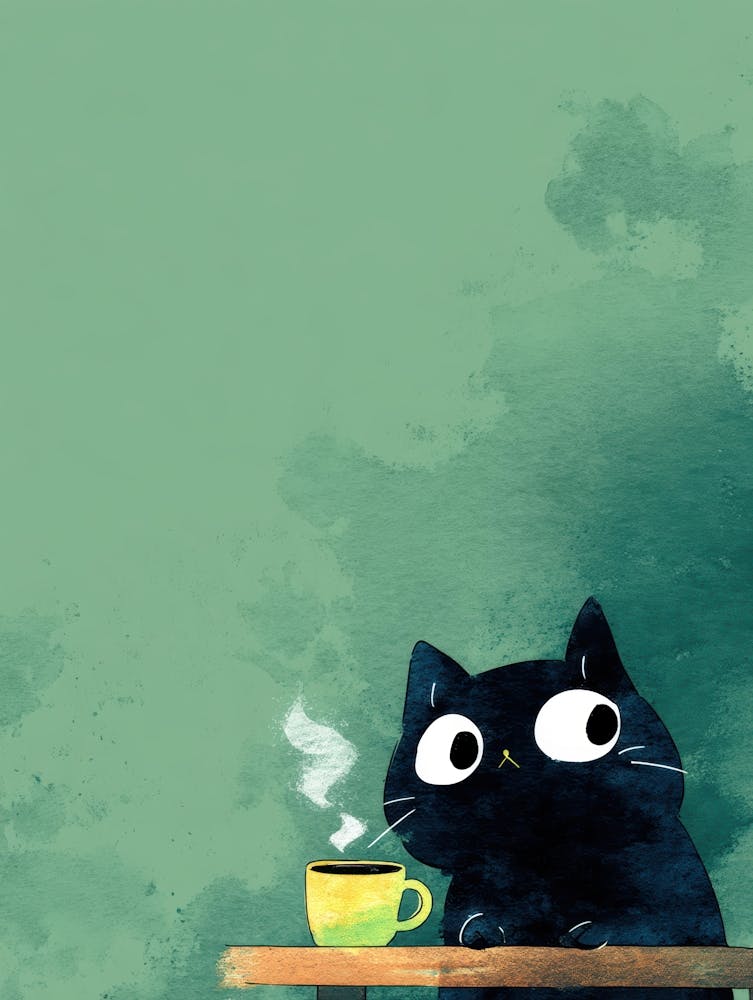 Black Cat With Cup Of Coffee 2